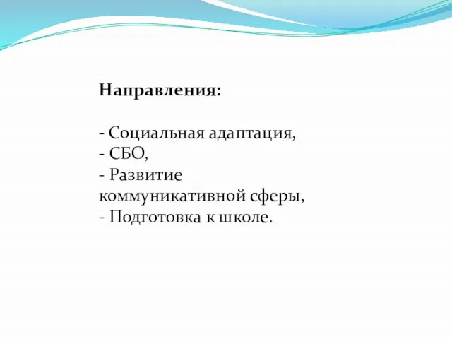 Направления: - Социальная адаптация, - СБО, - Развитие коммуникативной сферы, - Подготовка к школе.