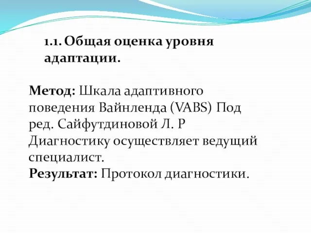 1.1. Общая оценка уровня адаптации. Метод: Шкала адаптивного поведения Вайнленда (VABS) Под