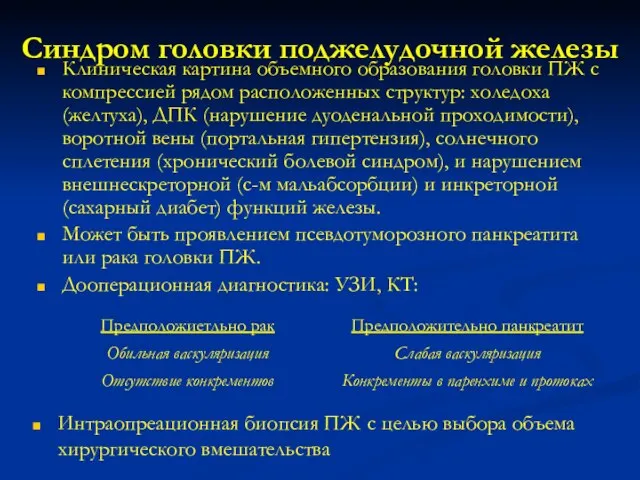 Синдром головки поджелудочной железы Клиническая картина объемного образования головки ПЖ с компрессией