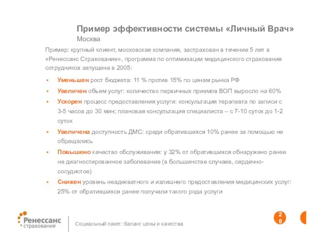 Пример эффективности системы «Личный Врач» Москва Уменьшен рост бюджета: 11 % против