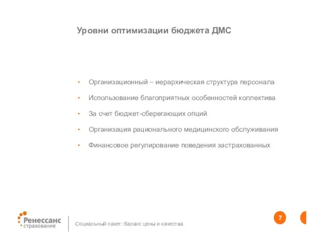 Уровни оптимизации бюджета ДМС Организационный – иерархическая структура персонала Использование благоприятных особенностей