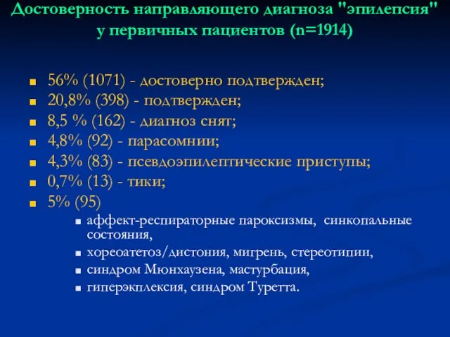 Достоверность направляющего диагноза "эпилепсия" у первичных пациентов (n=1914) 56% (1071) - достоверно