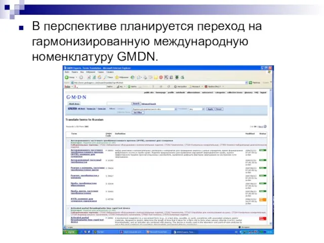 В перспективе планируется переход на гармонизированную международную номенклатуру GMDN.