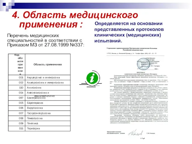 4. Область медицинского применения : Определяется на основании представленных протоколов клинических (медицинских)