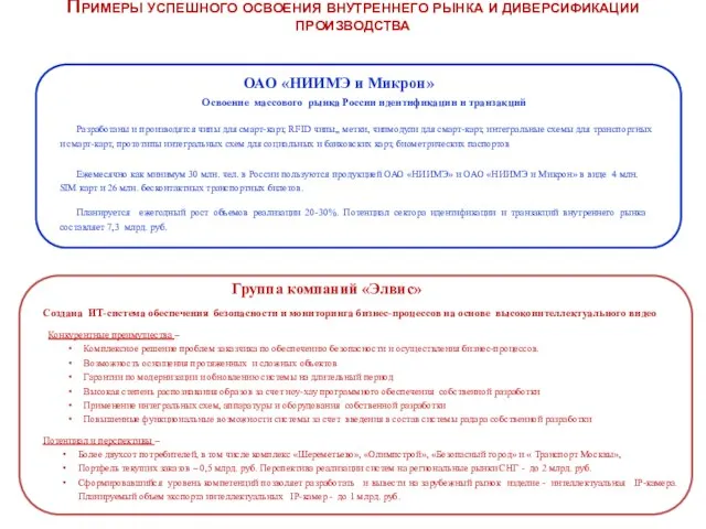 Примеры успешного освоения внутреннего рынка и диверсификации производства Конкурентные преимущества – Комплексное