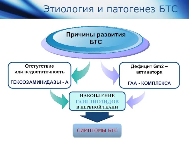 Этиология и патогенез БТС Отстутствие или недостаточность ГЕКСОЗАМИНИДАЗЫ - А Причины развития