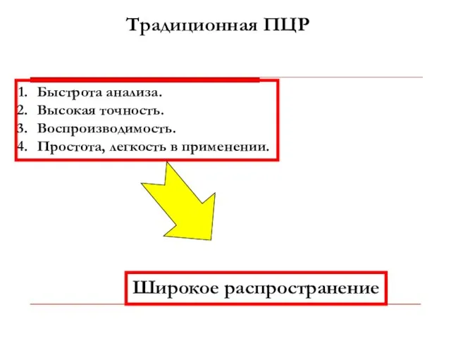 Традиционная ПЦР Быстрота анализа. Высокая точность. Воспроизводимость. Простота, легкость в применении.