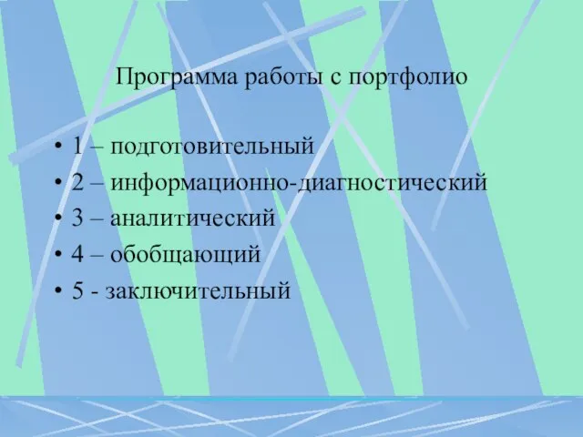 Программа работы с портфолио 1 – подготовительный 2 – информационно-диагностический 3 –