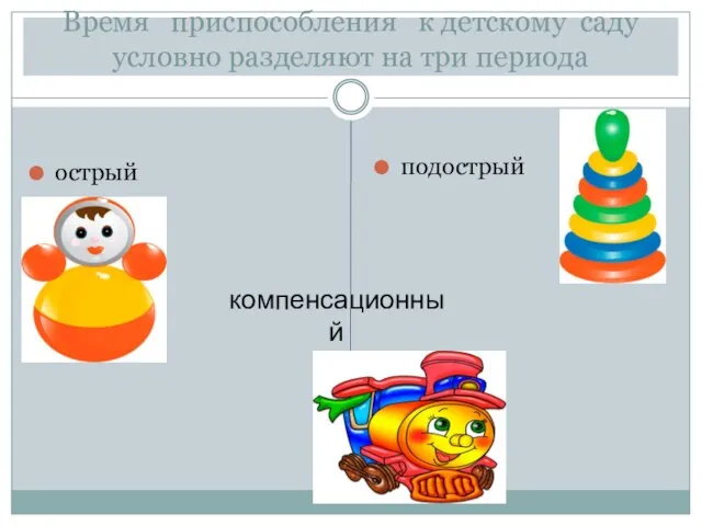 Время приспособления к детскому саду условно разделяют на три периода острый подострый компенсационный