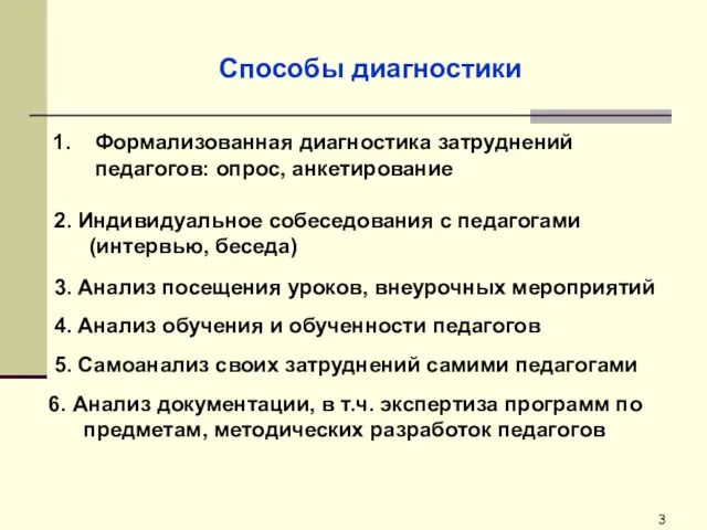 Способы диагностики Формализованная диагностика затруднений педагогов: опрос, анкетирование 2. Индивидуальное собеседования с