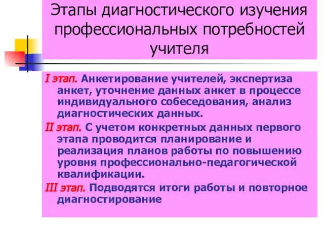 Этапы диагностического изучения профессиональных потребностей учителя I этап. Анкетирование учителей, экспертиза анкет,