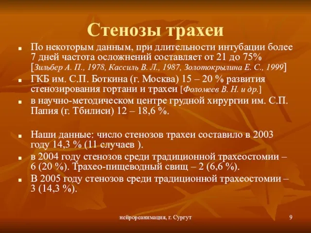 нейрореанимация, г. Сургут Стенозы трахеи По некоторым данным, при длительности интубации более