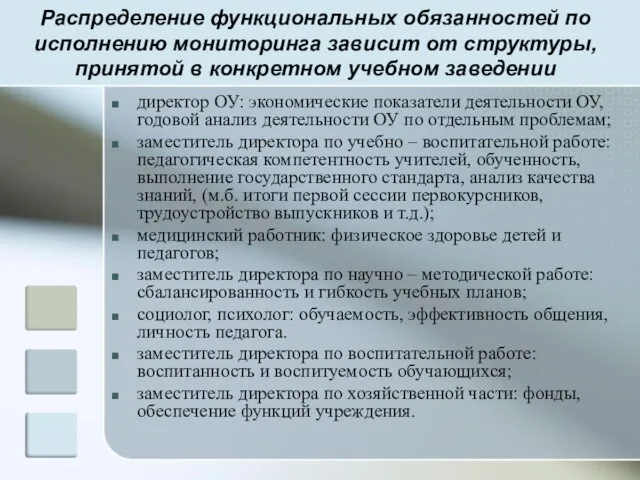 Распределение функциональных обязанностей по исполнению мониторинга зависит от структуры, принятой в конкретном