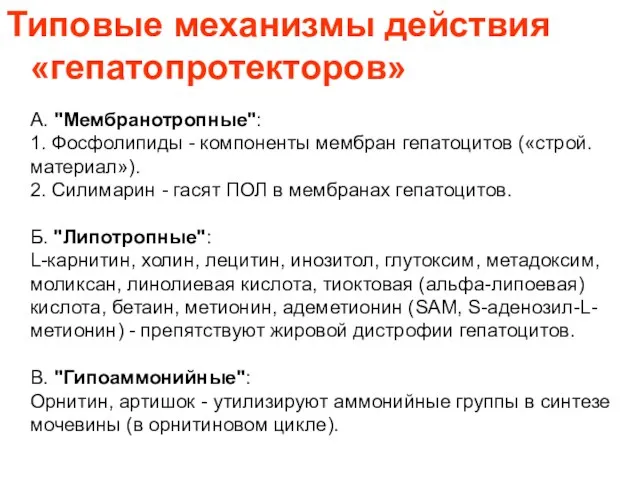 Типовые механизмы действия «гепатопротекторов» А. "Мембранотропные": 1. Фосфолипиды - компоненты мембран гепатоцитов