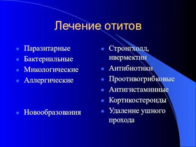 Лечение отитов Паразитарные Бактериальные Микологические Аллергические Новообразования Стронгхолд, ивермектин Антибиотики Проотивогрибковые Антигистаминные Кортикостероиды Удаление ушного прохода