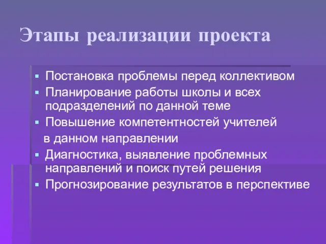 Этапы реализации проекта Постановка проблемы перед коллективом Планирование работы школы и всех