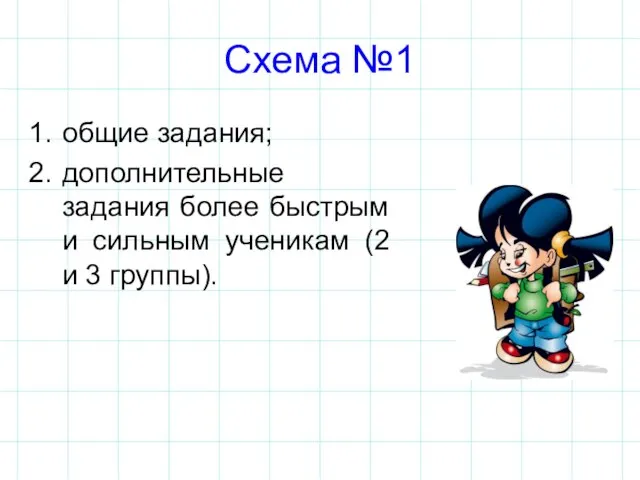 Схема №1 общие задания; дополнительные задания более быстрым и сильным ученикам (2 и 3 группы).