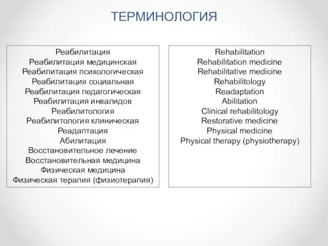 ТЕРМИНОЛОГИЯ Rehabilitation Rehabilitation medicine Rehabilitative medicine Rehabilitology Readaptation Abilitation Clinical rehabilitology Restorative