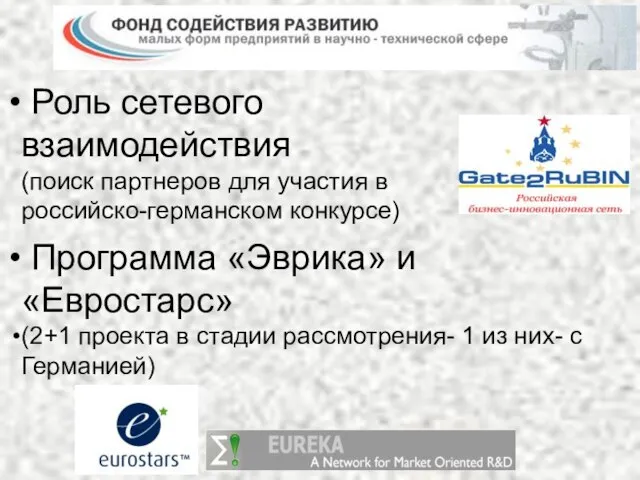 Роль сетевого взаимодействия (поиск партнеров для участия в российско-германском конкурсе) Программа «Эврика»