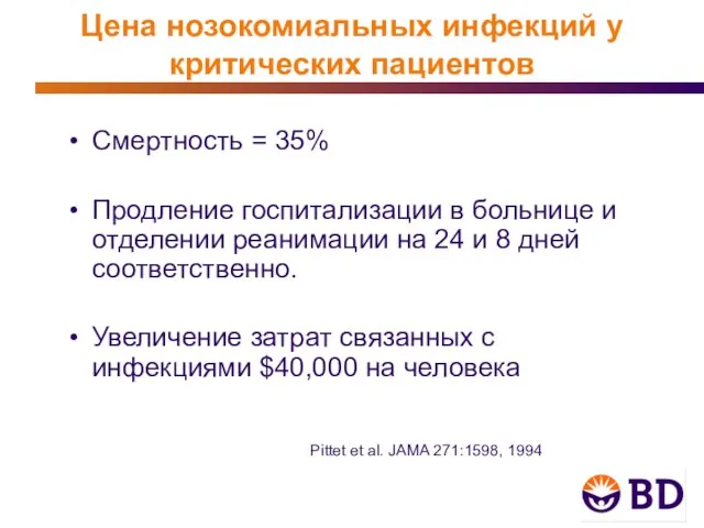 Цена нозокомиальных инфекций у критических пациентов Смертность = 35% Продление госпитализации в