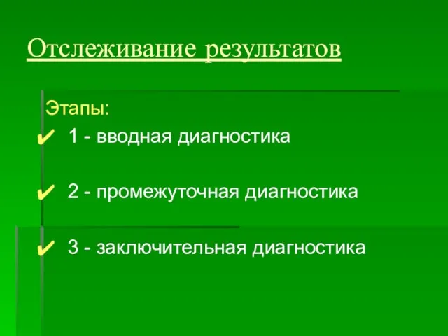 Отслеживание результатов Этапы: 1 - вводная диагностика 2 - промежуточная диагностика 3 - заключительная диагностика