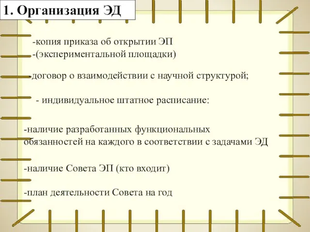 копия приказа об открытии ЭП (экспериментальной площадки) 1. Организация ЭД -договор о