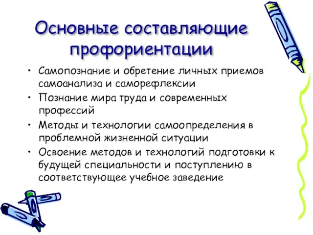 Основные составляющие профориентации Самопознание и обретение личных приемов самоанализа и саморефлексии Познание