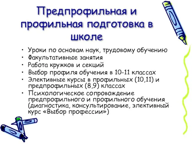 Предпрофильная и профильная подготовка в школе Уроки по основам наук, трудовому обучению