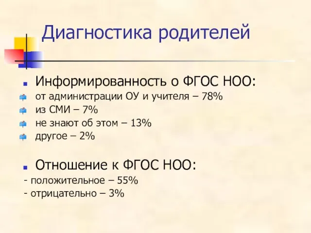 Информированность о ФГОС НОО: от администрации ОУ и учителя – 78% из