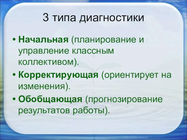 3 типа диагностики Начальная (планирование и управление классным коллективом). Корректирующая (ориентирует на