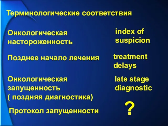 Терминологические соответствия Онкологическая настороженность index of suspicion Позднее начало лечения treatment delays