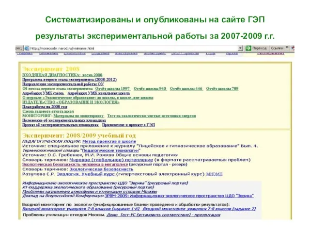 Систематизированы и опубликованы на сайте ГЭП результаты экспериментальной работы за 2007-2009 г.г.