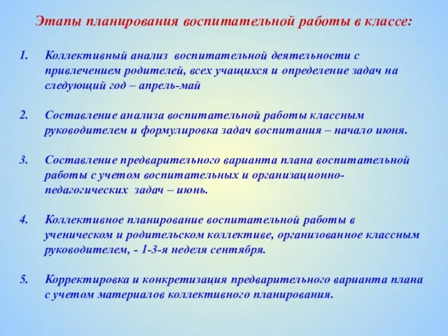 Этапы планирования воспитательной работы в классе: Коллективный анализ воспитательной деятельности с привлечением