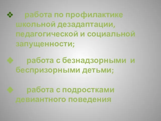 работа по профилактике школьной дезадаптации, педагогической и социальной запущенности; работа с безнадзорными