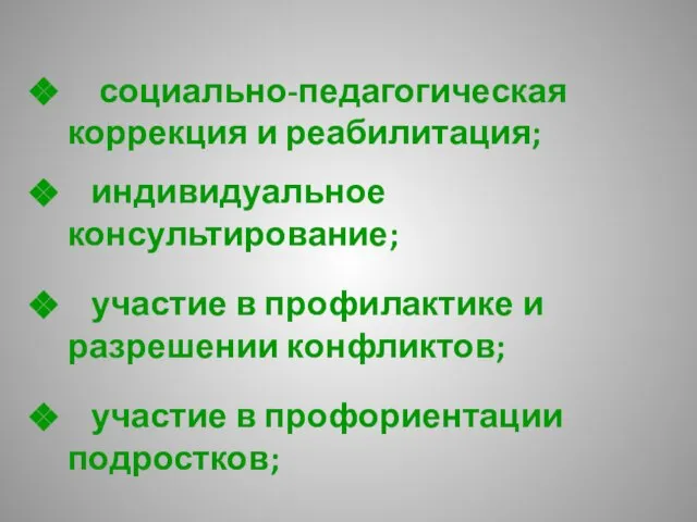 социально-педагогическая коррекция и реабилитация; индивидуальное консультирование; участие в профилактике и разрешении конфликтов; участие в профориентации подростков;