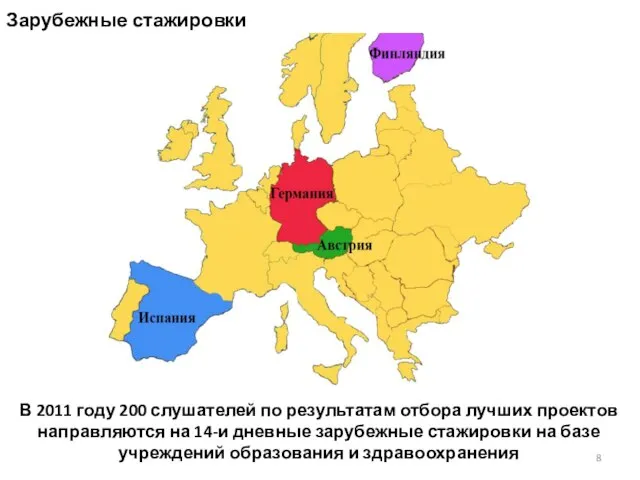 Зарубежные стажировки В 2011 году 200 слушателей по результатам отбора лучших проектов