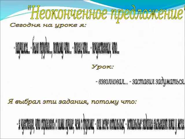 "Неоконченное предложение" Сегодня на уроке я: - научился... - было трудно..., потому