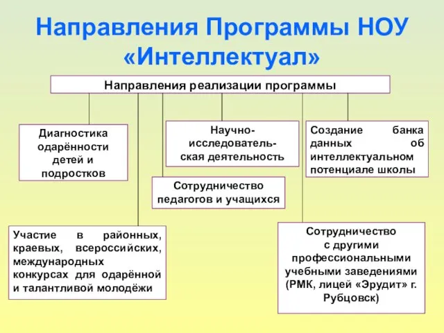 Направления Программы НОУ «Интеллектуал» Направления реализации программы Диагностика одарённости детей и подростков