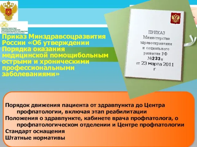 Приказ Минздравсоцразвития России «Об утверждении Порядка оказания медицинской помощибольным острыми и хроническими