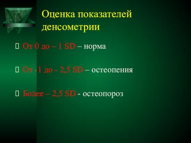 Оценка показателей денсометрии От 0 до – 1 SD – норма От