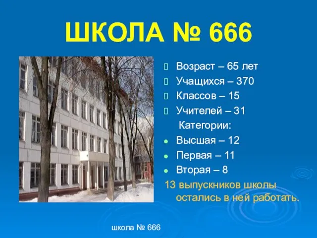 школа № 666 ШКОЛА № 666 Возраст – 65 лет Учащихся –