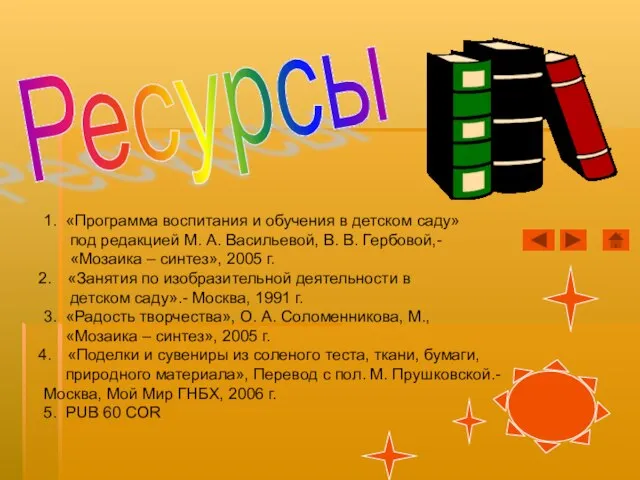 Ресурсы 1. «Программа воспитания и обучения в детском саду» под редакцией М.