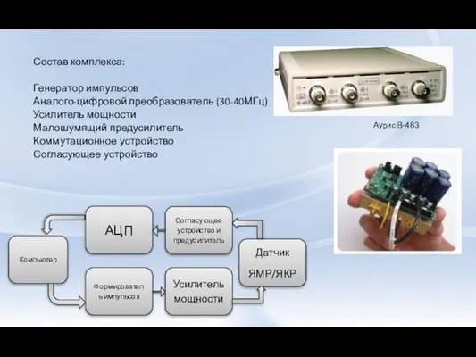 Состав комплекса: Генератор импульсов Аналого-цифровой преобразователь (30-40МГц) Усилитель мощности Малошумящий предусилитель Коммутационное