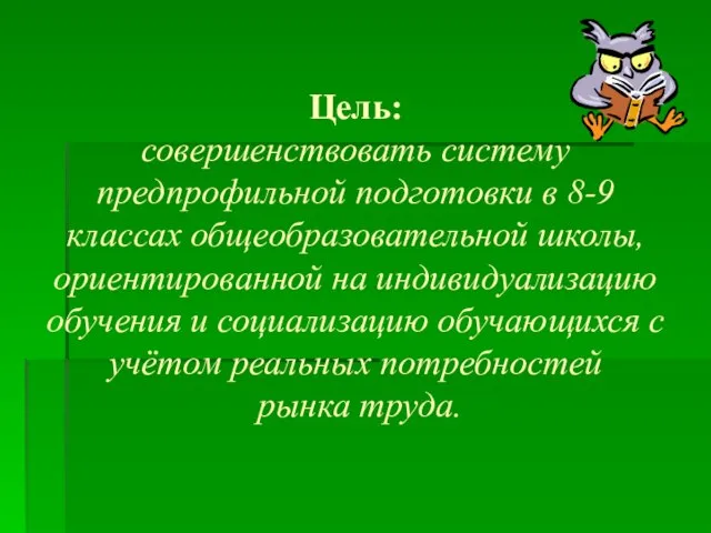 Цель: совершенствовать систему предпрофильной подготовки в 8-9 классах общеобразовательной школы, ориентированной на