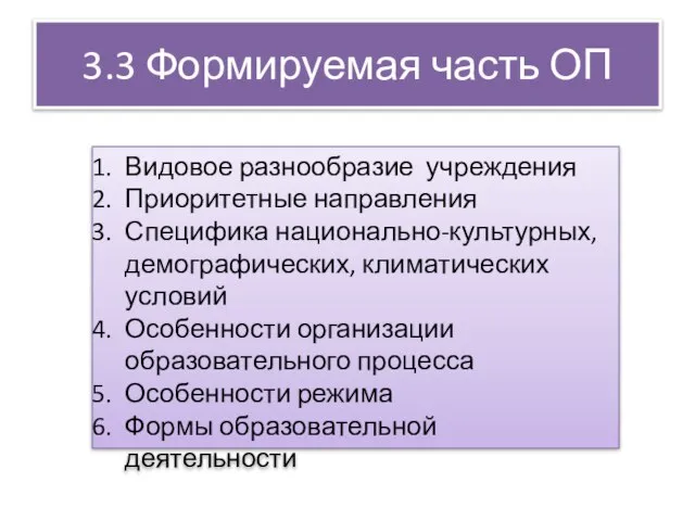 3.3 Формируемая часть ОП Видовое разнообразие учреждения Приоритетные направления Специфика национально-культурных, демографических,