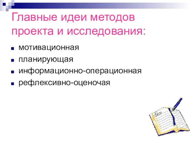 Главные идеи методов проекта и исследования: мотивационная планирующая информационно-операционная рефлексивно-оценочая