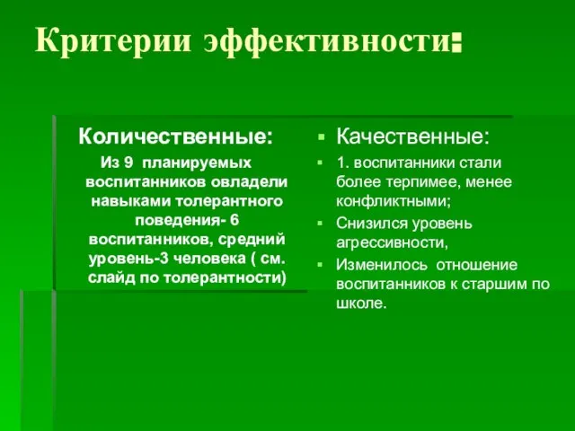 Критерии эффективности: Количественные: Из 9 планируемых воспитанников овладели навыками толерантного поведения- 6