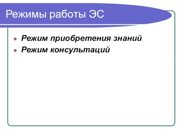 Режимы работы ЭС Режим приобретения знаний Режим консультаций