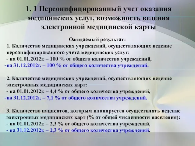 1. 1 Персонифицированный учет оказания медицинских услуг, возможность ведения электронной медицинской карты