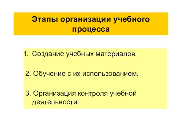 Этапы организации учебного процесса Создание учебных материалов. 2. Обучение с их использованием.